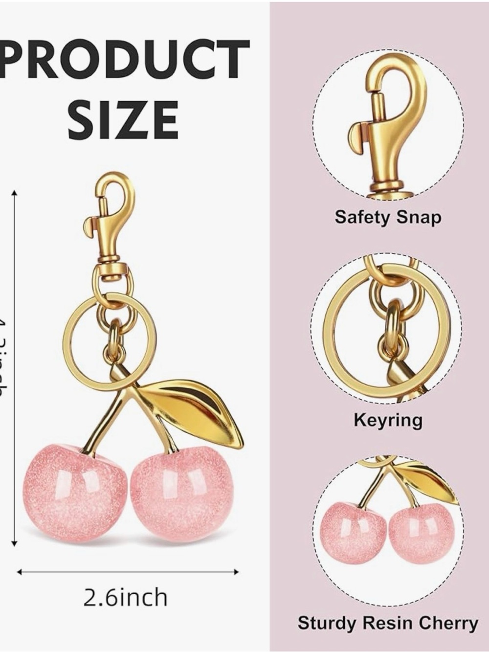 Gold Cherry Keychain/Purse Charm with Pink Resin Cherries - Picture 4 of 6